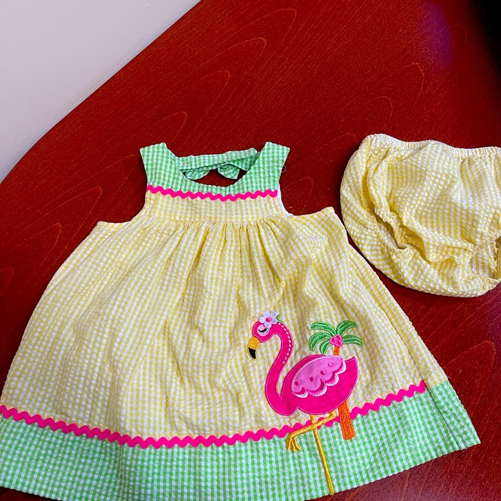 Seersucker Flamingo Dress with Bloomers—18M